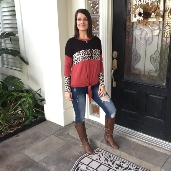 ❤️‍🔥Color Block Leopard Round Neck Long Sleeve Self Tie 0619 - Picture 9 of 10